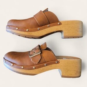 Dr Scholl’s Original Clogs Women Size 8 Brown Buckle Wood‎ Platform EUC